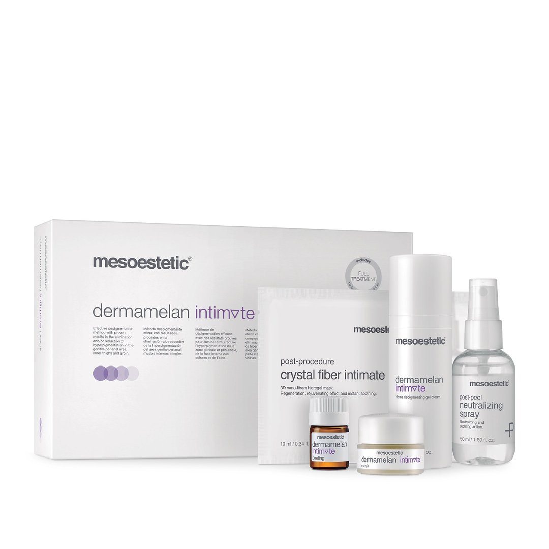 Mesoestetic Dermamelan Intimate treatment kit featuring a box with five skincare products designed for post-procedure care, including a crystal fiber mask, a neutralizing spray, and two creams for intimate area pigmentation and rejuvenation.