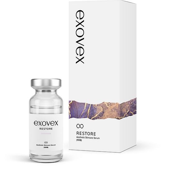 Exovex Restore aesthetic skincare serum in a clear vial next to its elegant packaging, designed for skin rejuvenation and hydration.