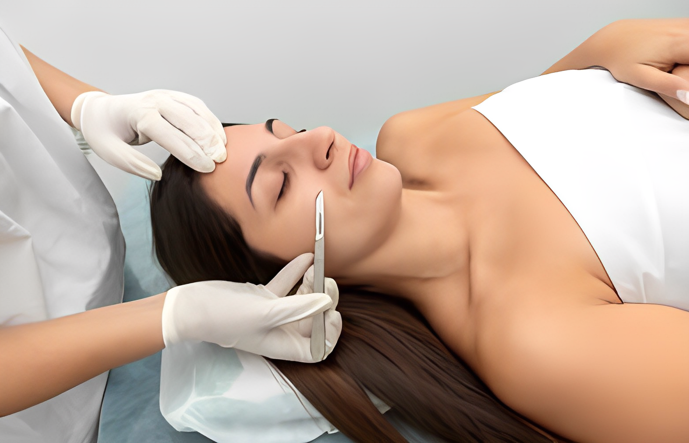 A woman receiving a facial treatment, lying on a treatment table while a professional applies a surgical blade for dermaplaning, enhancing skin texture and removing dead skin cells.